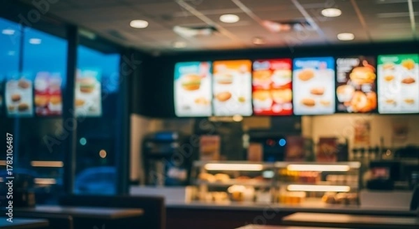 Fototapeta Blurred view of a fast food restaurant interior with illuminated menu boards and display cases