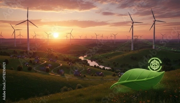 Fototapeta Wind Turbines at Sunset: A captivating sunset paints the sky as wind turbines harness the power of nature, standing tall atop rolling green hills, promoting a clean, sustainable future. 