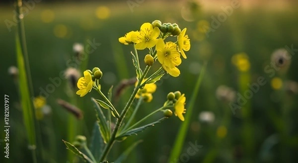 Fototapeta Close-up of yellow wildflowers in a field, basking in warm sunlight. Soft bokeh background