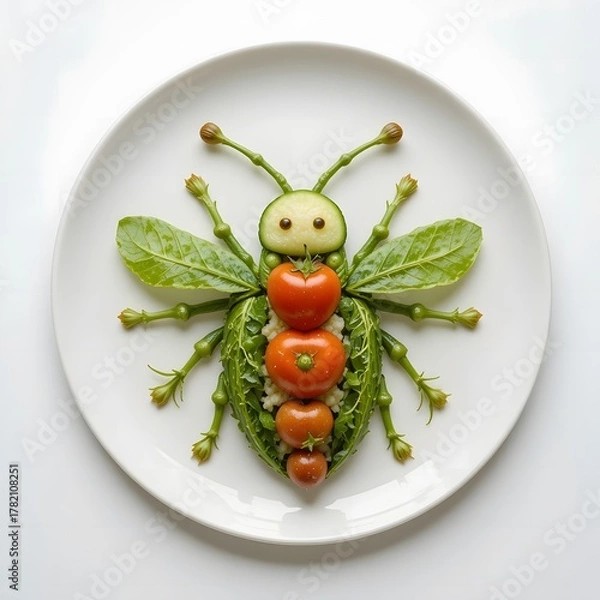 Obraz Cute Insect-Shaped Vegetable Dish Made with Cucumber Slices on White Plate