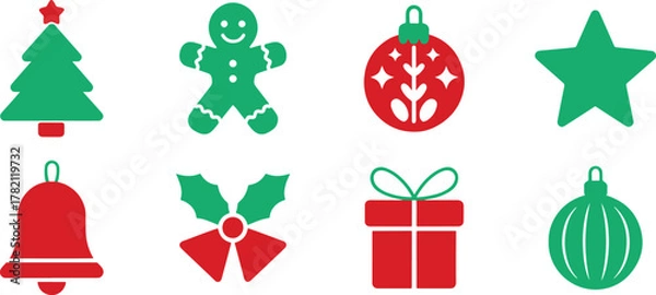 Fototapeta Festive Christmas icons isolated on transparent background featuring a Christmas tree, gingerbread man, ornament, star, bell, holly, gift, and bauble in red and green
