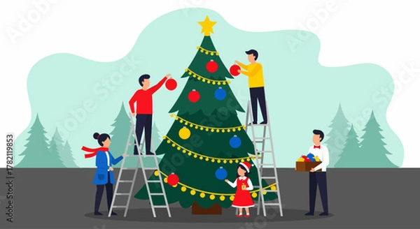 Obraz Friends and family cheerfully cooperate, using ladders to place a star and hang colorful ornaments on a large, brightly lit Christmas tree