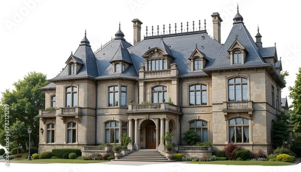 Obraz Vintage Chateau Style Mansion Isolated on White Background. biltmore house