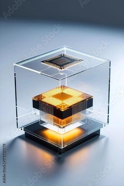 Fototapeta Transparent Cube with Levitating Processor