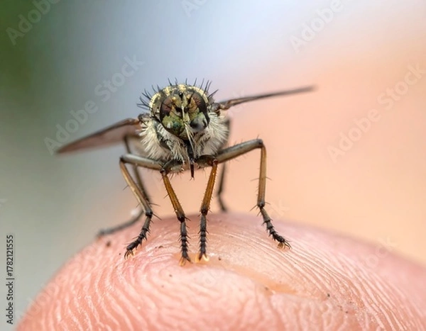 Fototapeta Close-up photo of a fly perched on a human finger, showing intricate insect details