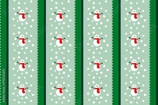 Fototapeta A winter-themed pattern with smiling snowmen and white snow dots on a grayish background, creating a cheerful holiday vibe.