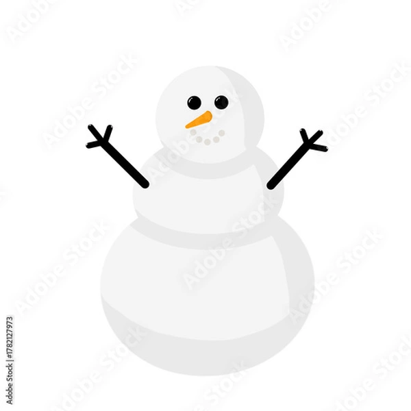 Fototapeta A minimal white snowman with a carrot nose and stick arms smiling happily in the cold.