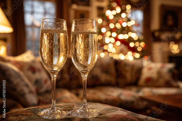 Fototapeta Festive champagne flutes with a Christmas tree in the background.