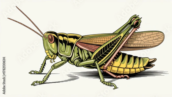 Fototapeta A detailed illustration of a grasshopper in a side view against a white background.