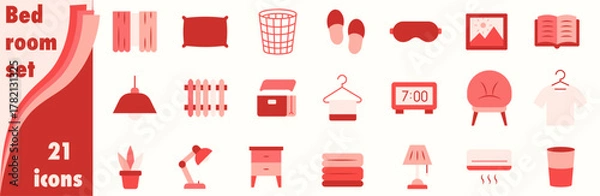 Fototapeta A set of icons in warm red tones, dedicated to bedroom details.