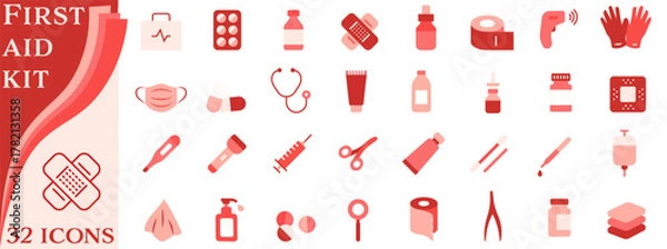 Fototapeta A set of icons in red and pink tones dedicated to medicine and first aid.