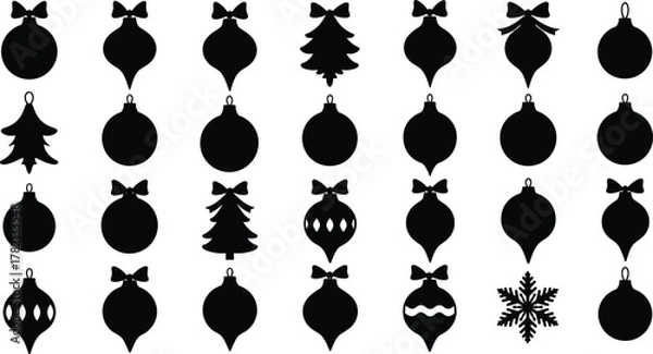 Fototapeta Christmas ornament silhouettes, black festive icons set, holiday decoration elements, baubles, tree shapes, snowflake design, vector illustration, isolated background