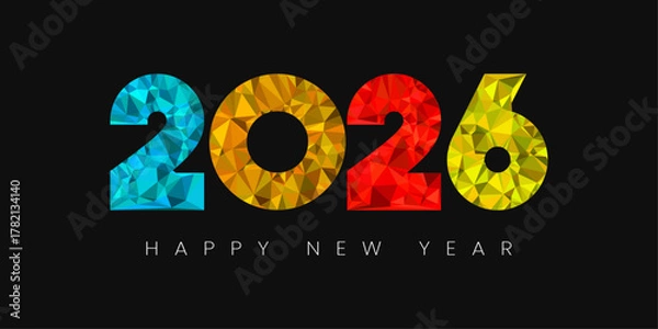 Fototapeta 2026 Happy New Year – Colorful Low Poly Diamond Typography on Black Background – Modern Vector Design for Banners, Social Media & Celebration Graphics