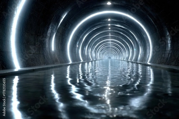 Obraz Modern tunnel illuminated by glowing lights reflecting on calm w