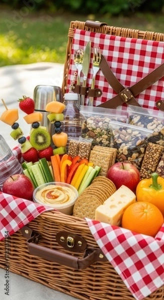 Obraz Picnic Basket Filled with Fruits, Vegetables, and Snacks.
