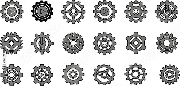 Fototapeta Gear icons collection, mechanical symbols set, industrial cogwheels, grayscale gears, engineering elements, UI components, piston design, vector gear illustrations
