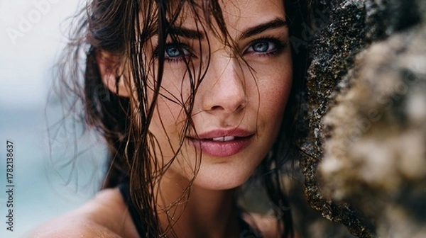 Obraz Woman with minimal makeup and wet hair posing by seaside rocks, natural lifestyle shot