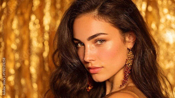 Obraz Elegant woman with long earrings posing in front of golden curtain, portrait photography