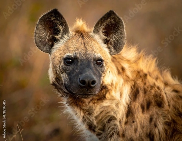Fototapeta Close-up portrait of a spotted hyena, showcasing its distinctive features in natural light