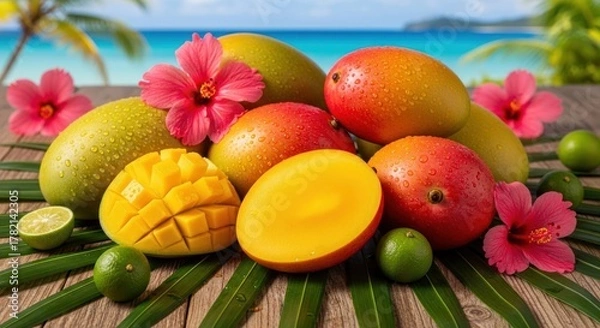 Obraz Tropical Mangoes and Hibiscus Flowers on a Beach Background.