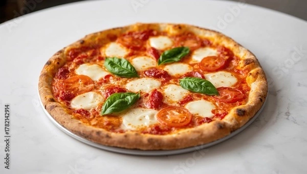 Fototapeta Aromatic pizza featuring mozzarella, tomatoes, and basil atop a rich tomato sauce, fiber-dense choice