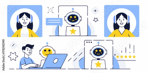 Obraz Customer service and artificial intelligence collaboration with chatbot and human agents