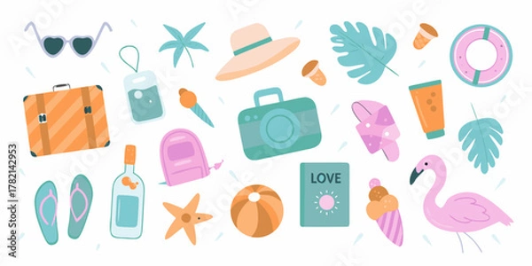 Obraz Collection of cute summer vacation and travel flat design icons on a white background