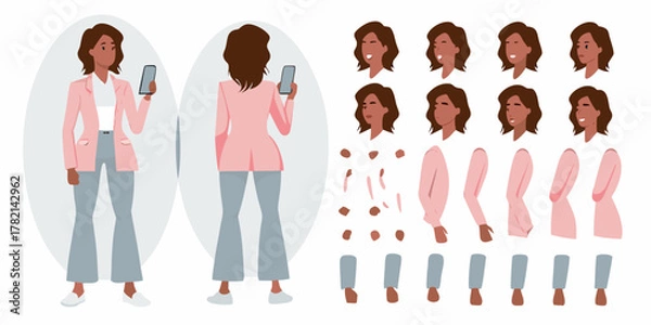 Obraz Illustration of a woman with different body parts and facial expressions for animation and character design