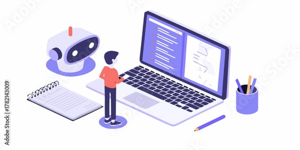 Obraz Isometric illustration of a person interacting with a laptop and a friendly robot assistant for digital tasks