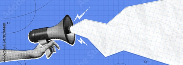 Fototapeta Trendy Halftone Collage Hand with Megaphone and paper cut out space for announcing promotion. Social media communication and adverting. Online news. Contemporary vector illustration art