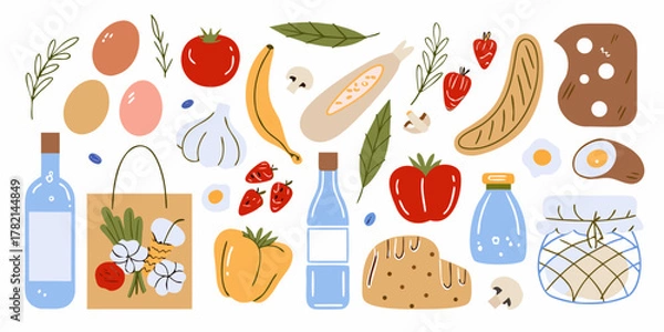 Obraz A vibrant collection of hand drawn groceries and food items arranged in a playful pattern