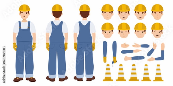 Obraz Construction worker character kit with multiple poses facial expressions and safety cones for design