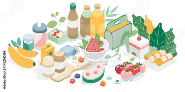 Fototapeta A vibrant isometric illustration of healthy food and drinks arranged on a dark background