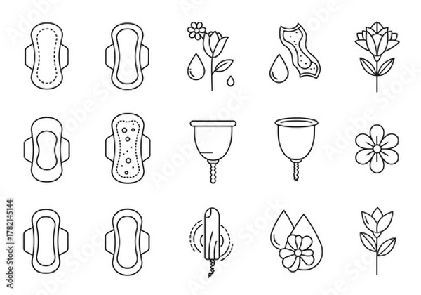 Obraz Black and white line icons depicting various menstrual hygiene products and related natural elements