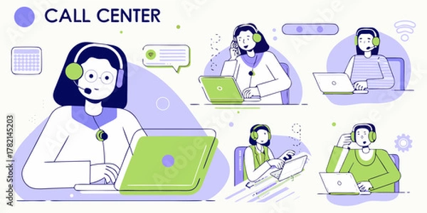 Obraz Diverse team of call center agents working with headsets and laptops providing customer support and communication services