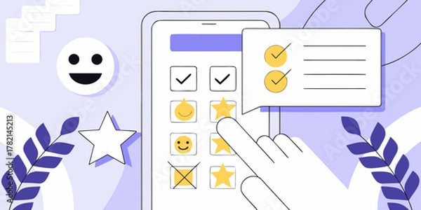 Fototapeta Customer feedback survey on smartphone screen with hand selecting star rating and happy face emojis