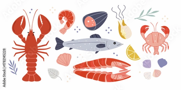 Obraz A vibrant collection of fresh seafood illustrations including lobster shrimp crab fish mussels and lemon slices