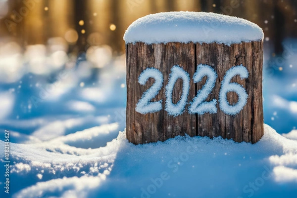 Obraz The number 2026 written in snow on a wooden stump. Snowy landscape with bright golden sunlight and a bokeh background effect.