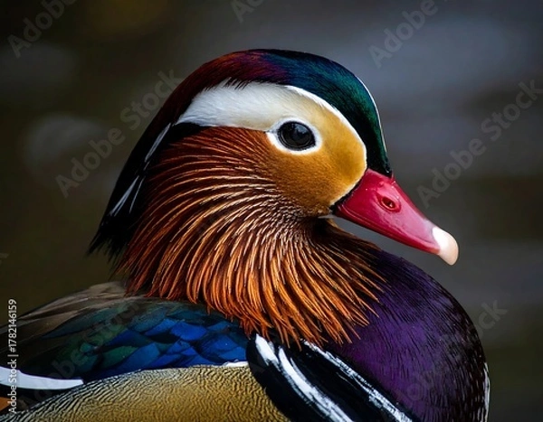 Fototapeta Close-up portrait of a vibrantly-colored mandarin duck, showcasing intricate feather details
