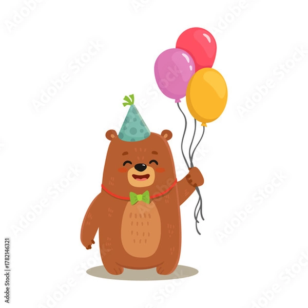 Fototapeta Cute cartoon bear with balloons. Teddy bear in flat style for greeting card, book, activity page. Happy birthday postcard. Vector illustration
