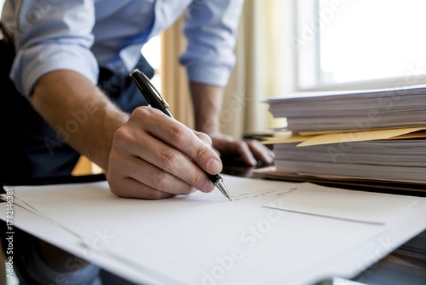 Fototapeta A businessman writes something on a sheet of paper.