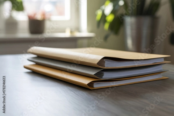 Fototapeta Folders with papers are lying on the desk in the office.