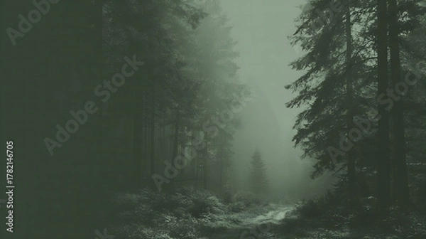 Obraz Misty forest landscape with fog and dark green trees in moody atmosphere