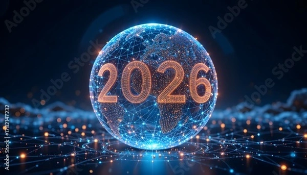 Fototapeta “Global Network 2026 – 3D Globe with Interconnected Dots and Digital Connections (Generative AI)”