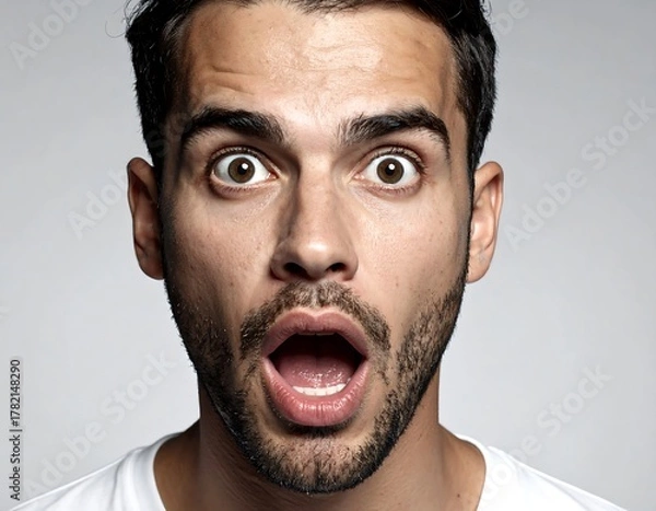 Fototapeta Close-up portrait of a young man with dark hair and a beard, mouth open in surprise