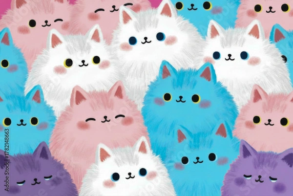 Fototapeta A repeating background with adorable smiling cartoon cats. The fluffy animals are colored pink, blue, purple, and white in a kawaii style.
