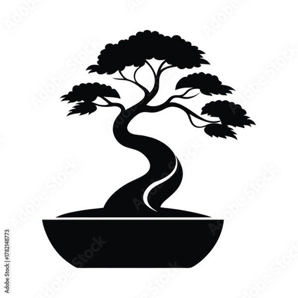 Fototapeta Black silhouette of a bonsai tree in a pot with full foliage