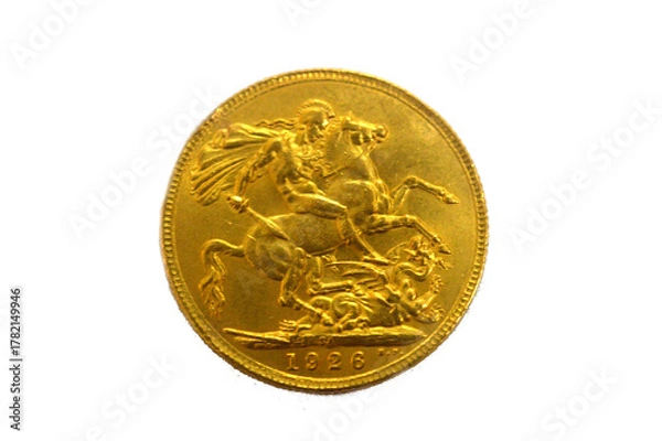 Obraz The reverse side of King George V gold sovereign coin, features the classic St. George and the Dragon, sovereigns are popular among UK investors, gold asset investment, market price of gold concept
