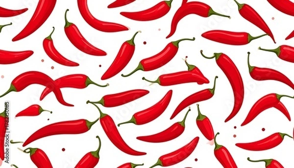 Obraz Pattern of red chili peppers scattered randomly across a white background, some overlapping, with small red dots