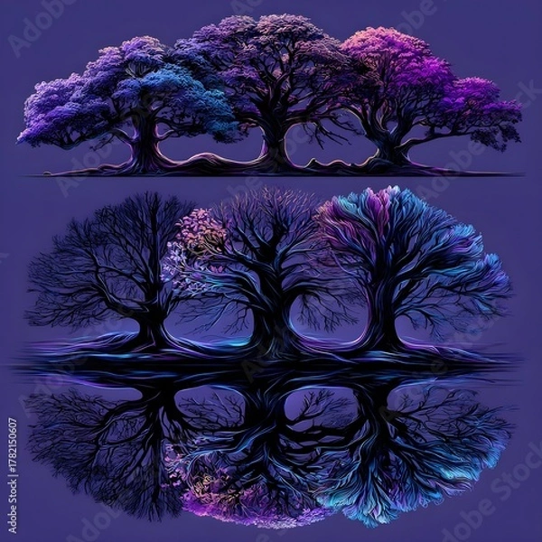Fototapeta Abstract bonsai tree illustration with glowing blue and violet gradients, fine flowing line art, surreal fantasy lighting, isolated on black background, artistic futuristic aesthetic, 8K high detail.